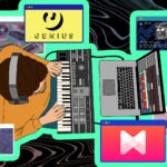 Illustration of audio engineer working on laptop with the different websites as widgets