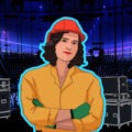 Illustration of Paulina Pinero in construction uniform in front of a concert set up