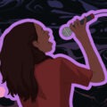A woman is illustrated singing