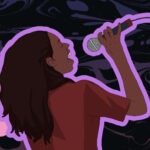 A woman is illustrated singing